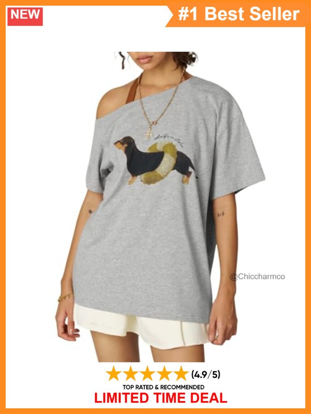 Oversized Off Shoulder Dachshund Graphic Tee Short Sleeve Cotton Top